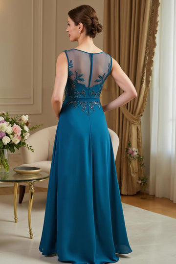 Paon Bleu Trapèze Illusion Neck Longue Mère de la Mariée Robe avec Appliques de Dentelle